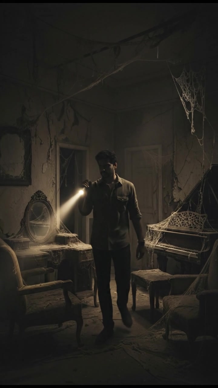 Raghav holding a flashlight, peering into a darkened room filled with old furniture and cobwebs.