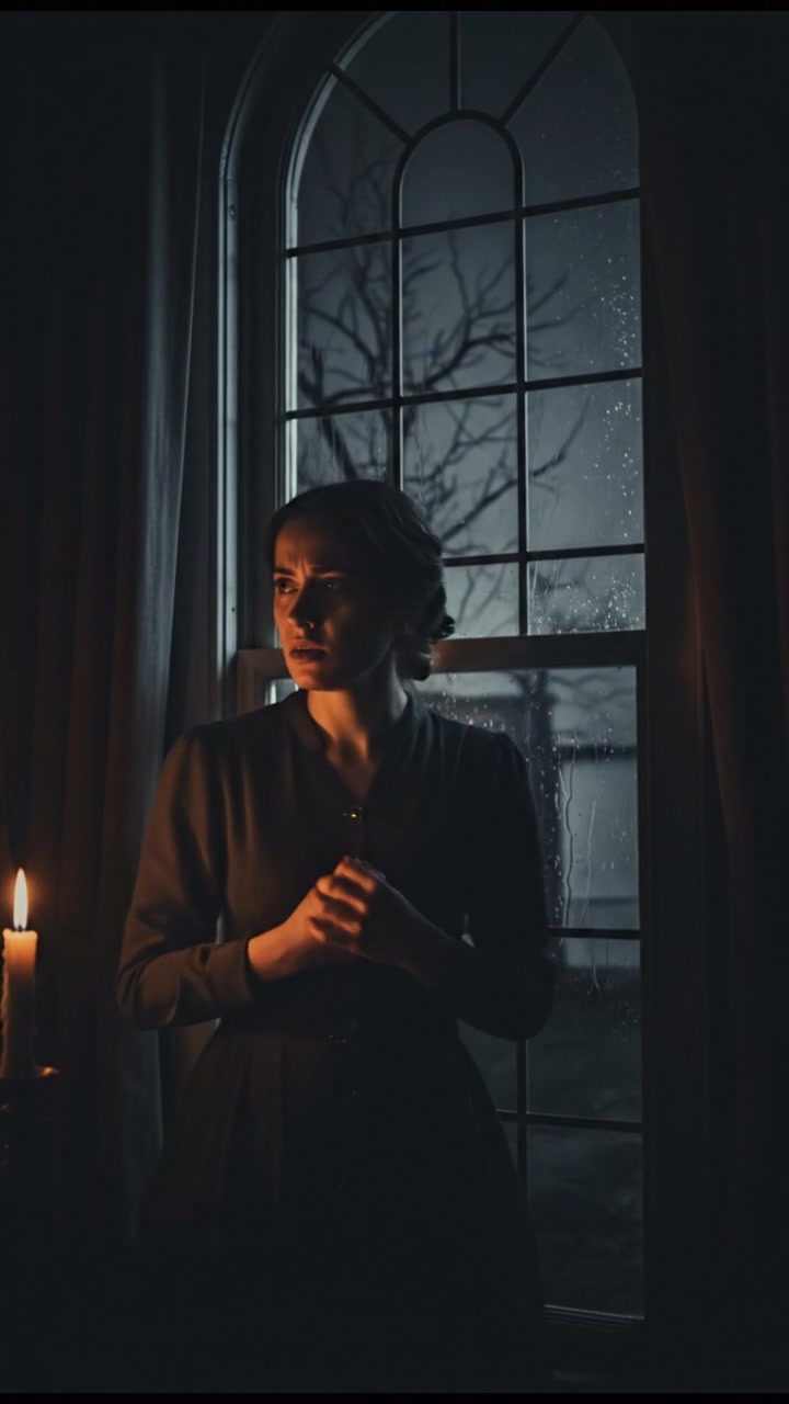 A concerned Dina stands by her window, looking out into the dark night with a worried expression.