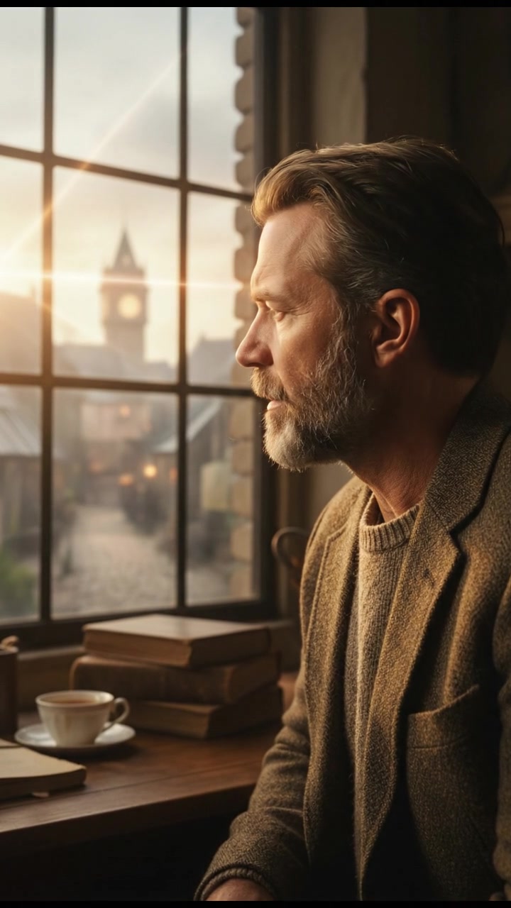 The Narrator gazing out a window thoughtfully, a warm light illuminating his face.