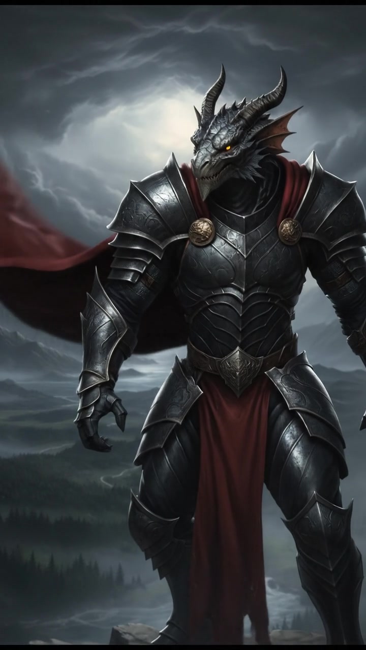 Dragonborn stands on a rocky cliff, looking defiantly at a stormy sky with dark clouds.