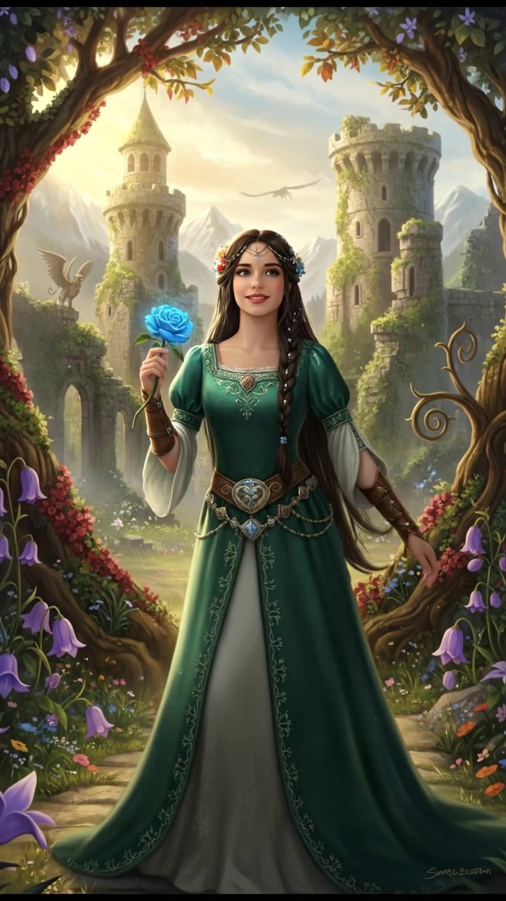 Aisha standing in a sunlit garden, smiling and holding a flower, surrounded by blooming plants.