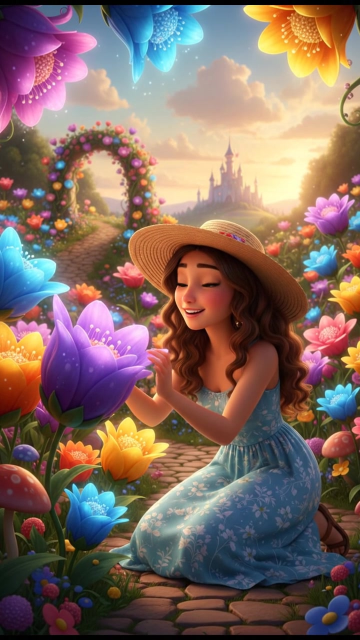 Maya kneeling in a vibrant flower garden, admiring colorful blossoms.