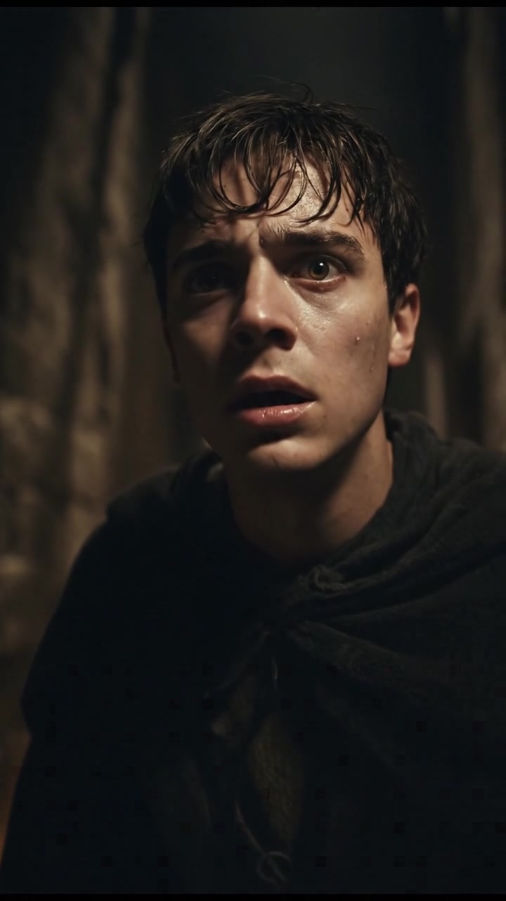 Dani's fearful expression as he hears strange noises again, looking toward the darkness.