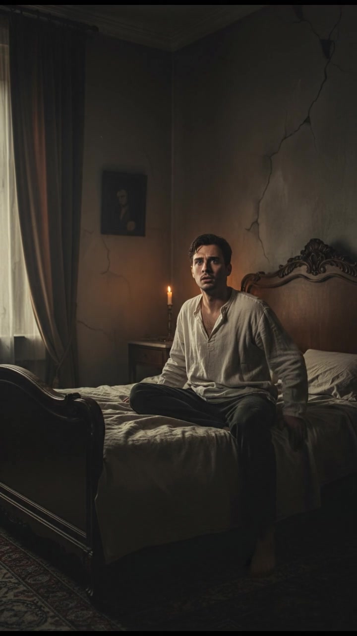 Firman wakes up in a dimly lit bedroom, sitting on his bed, looking confused.