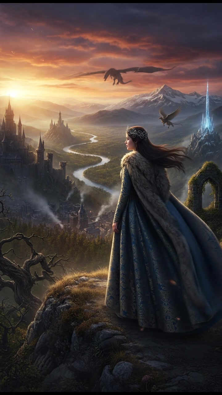 Anna standing on a hilltop at sunset, looking out over a valley, with a soft breeze blowing.