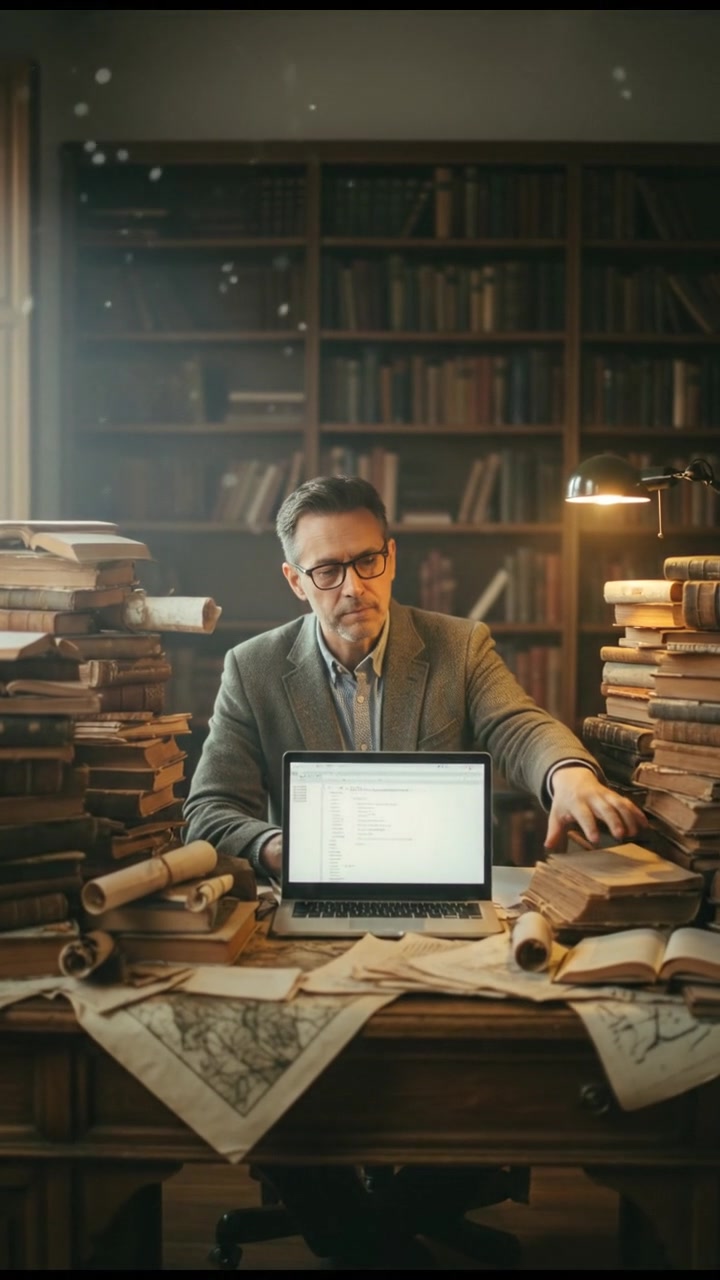 The Narrator sitting at a desk surrounded by stacks of books and papers, with a laptop open in front of him.