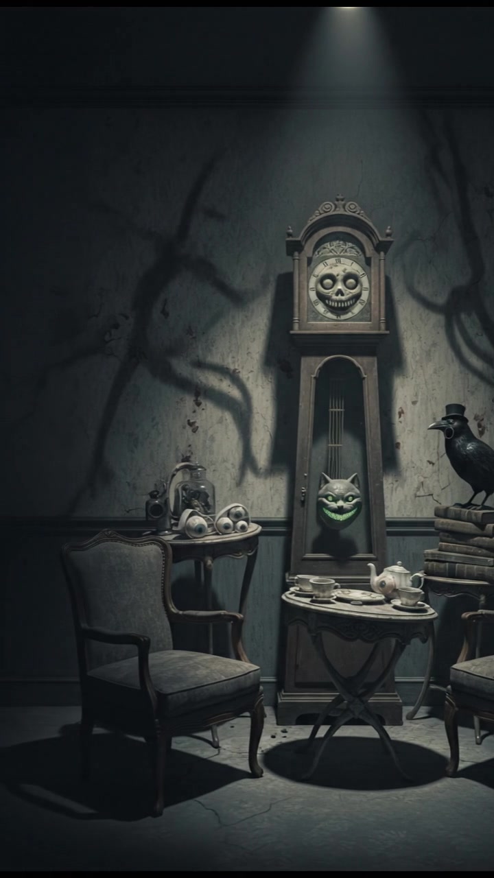 A darkened room with ominous shadows creeping along the walls.