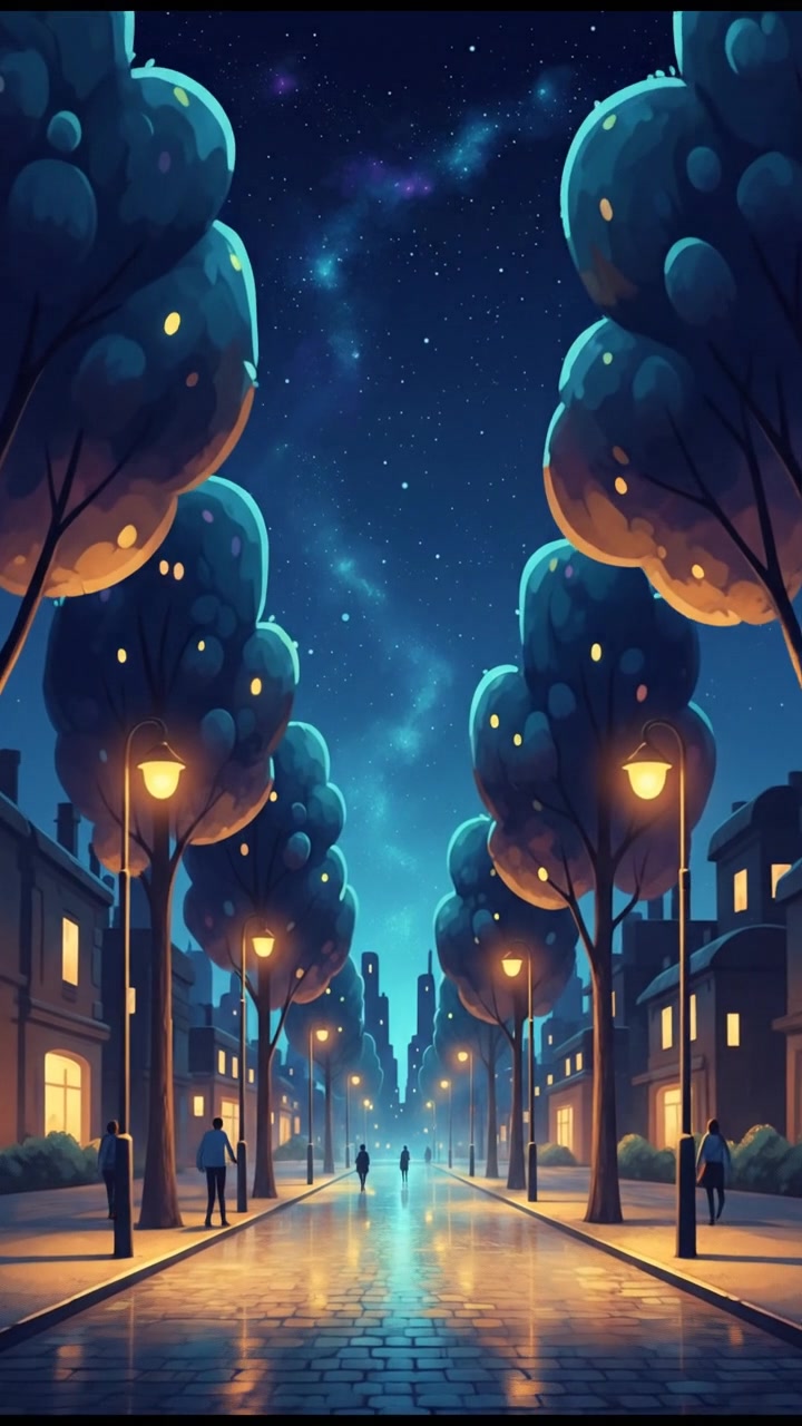 A tranquil city street illuminated by streetlights, with trees lining the sides and a clear night sky above.