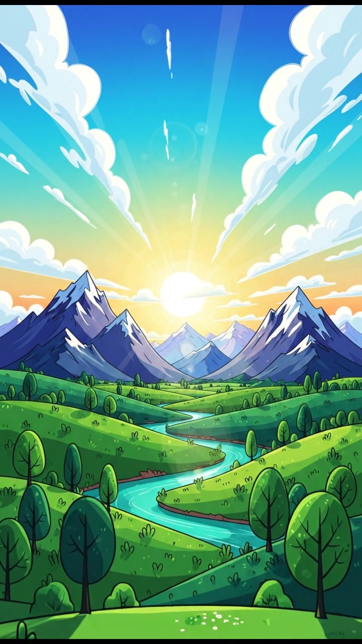 A lush, green landscape with a bright sky and mountains in the background.