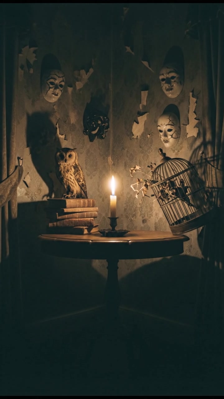 The interior of a dimly lit room with a flickering candle on a table, casting eerie shadows.