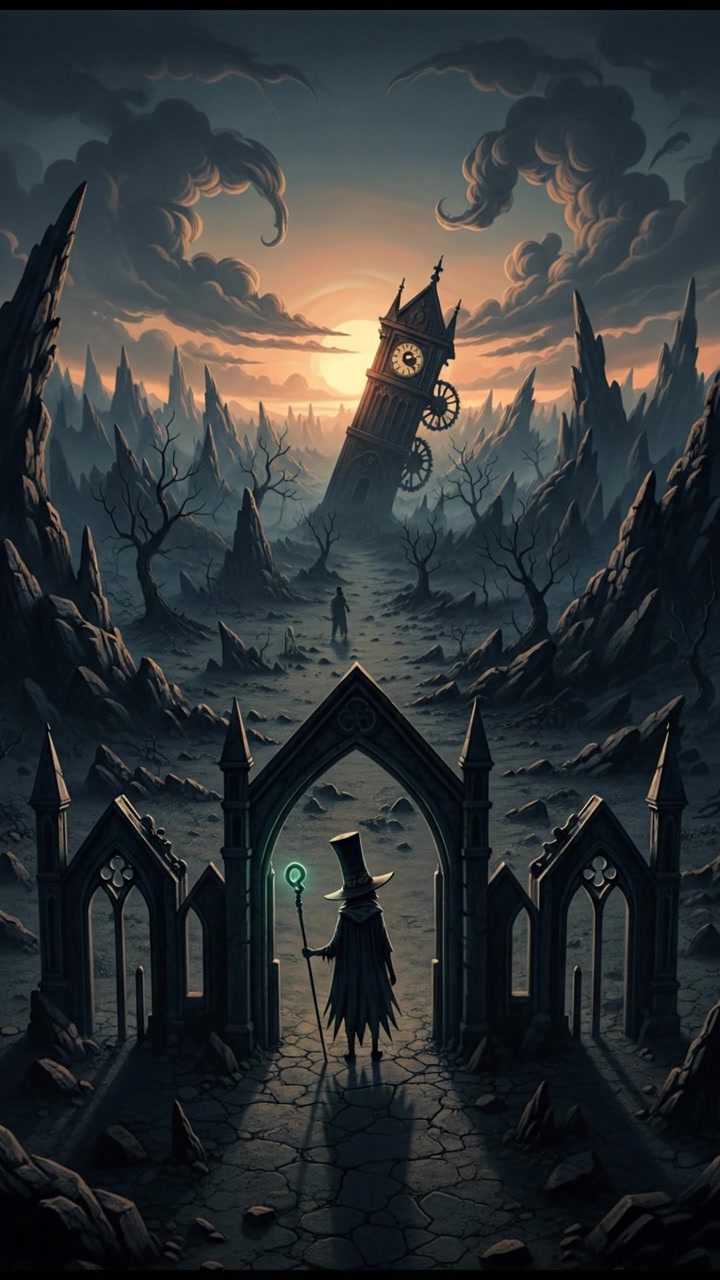 An expansive view of a sunset over a desolate landscape, evoking a sense of finality.