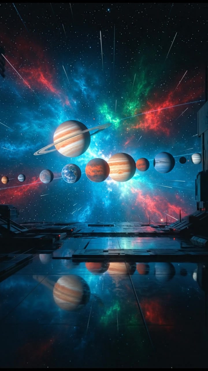 A vast view of the solar system, showcasing planets in alignment against a starry background.