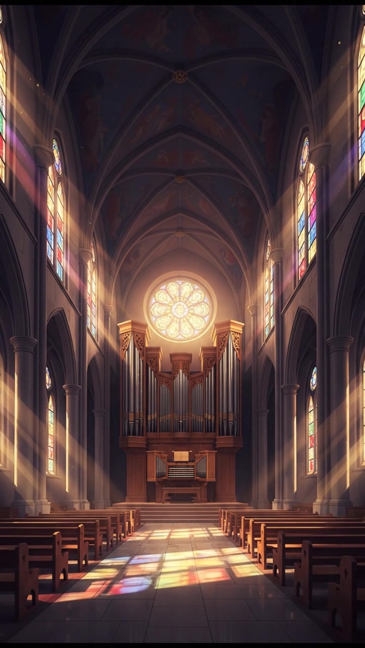 An empty church interior, sunlight streaming through stained glass windows, with an organ in the background.