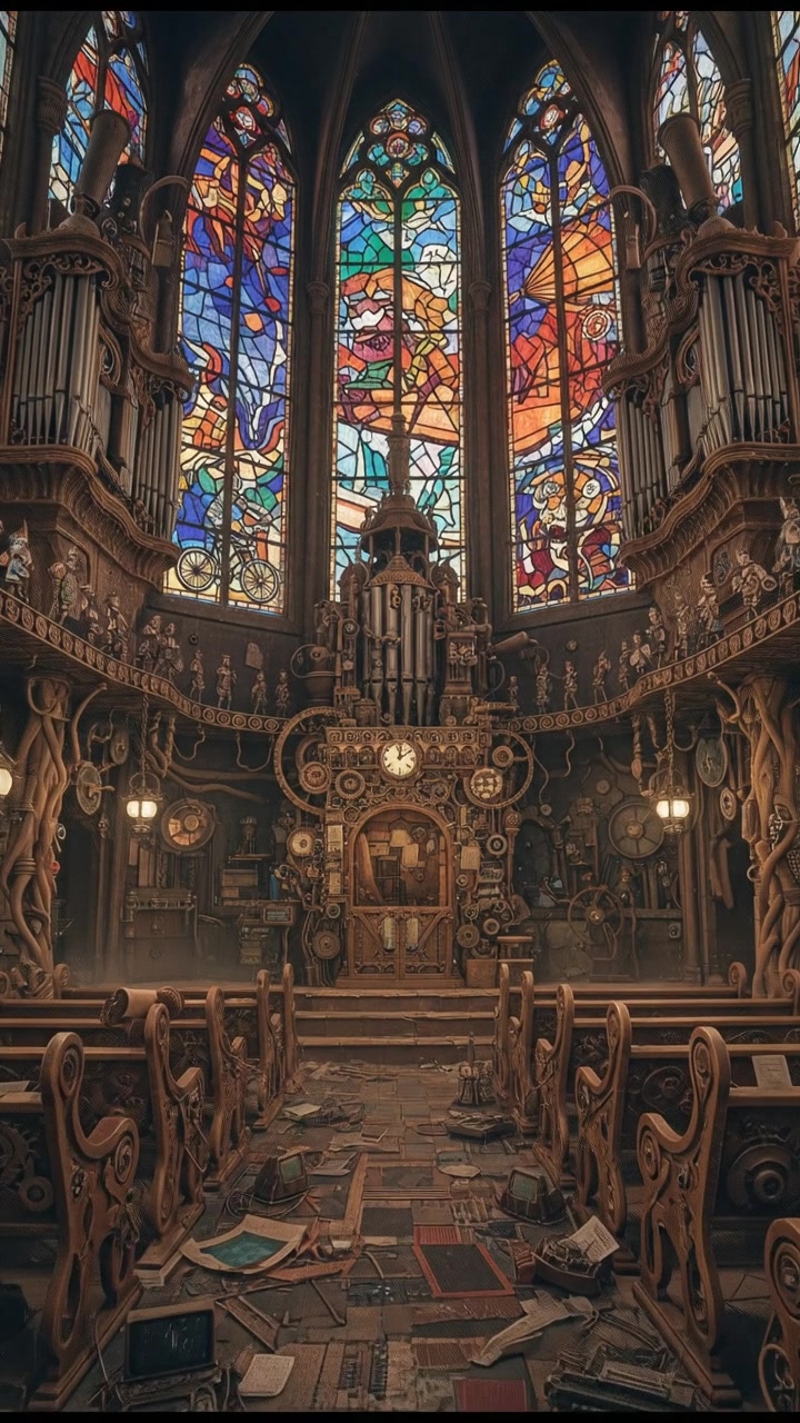 An empty church interior with wooden pews and stained glass windows.