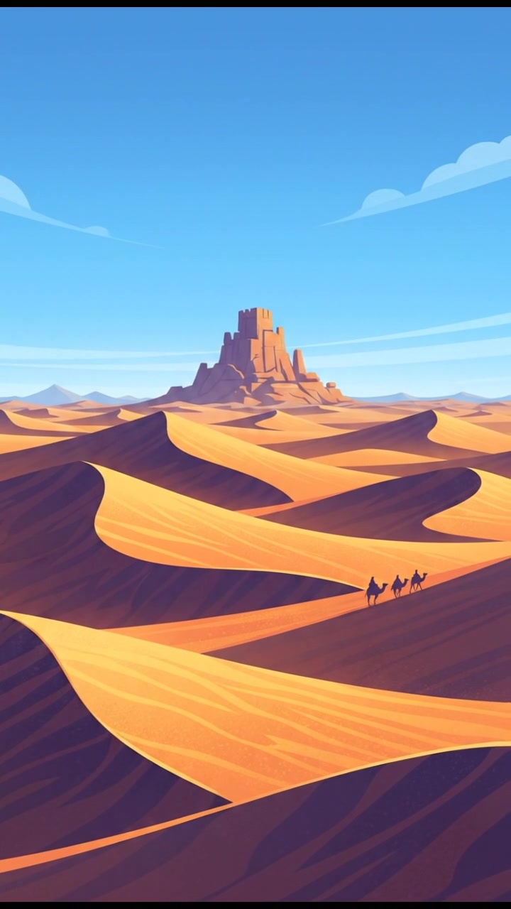A vast desert landscape in Arabia with rolling sand dunes and a clear blue sky.