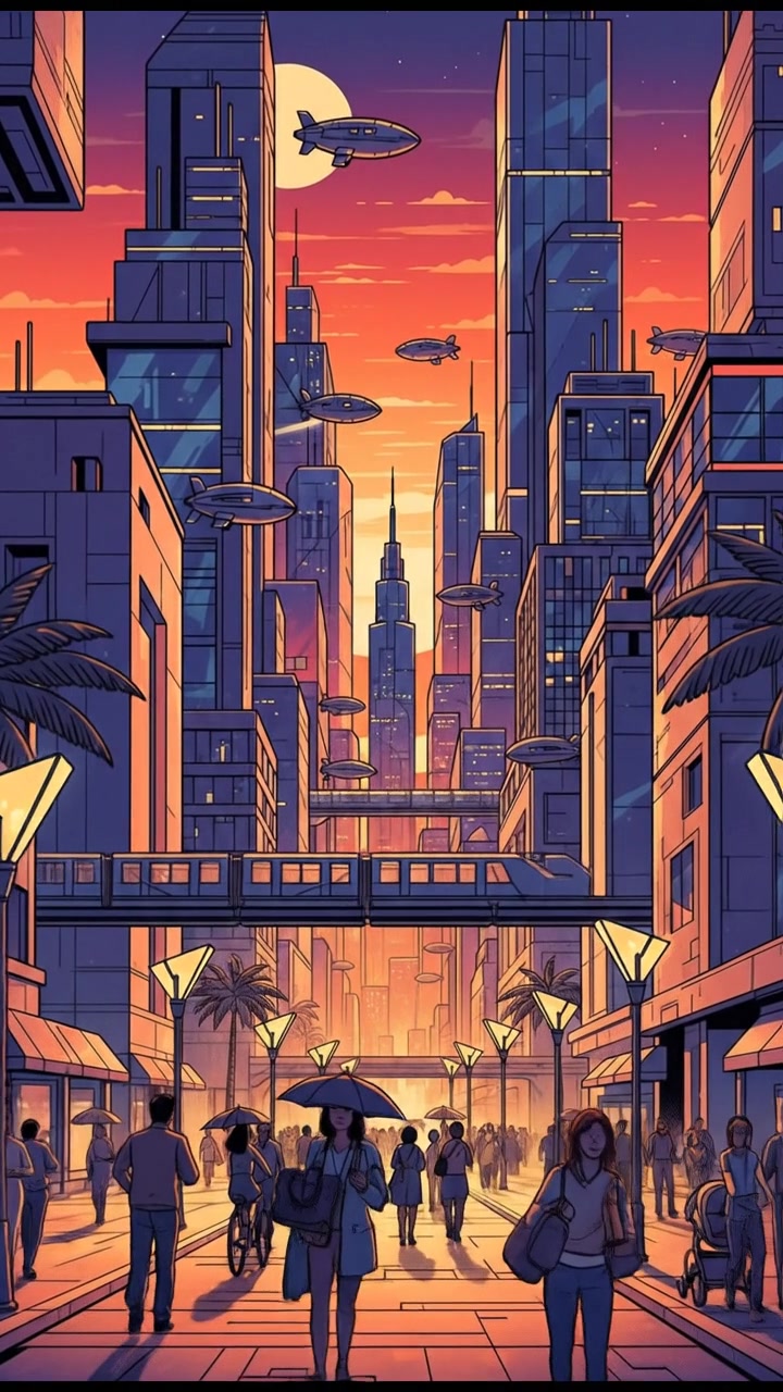 A crowded city street with busy pedestrians and skyscrapers.