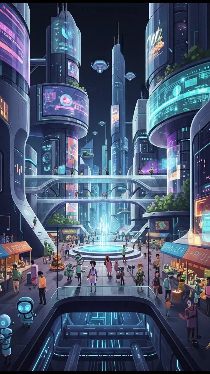 A futuristic city landscape with AI technology integrated into buildings, showcasing daily life activities.