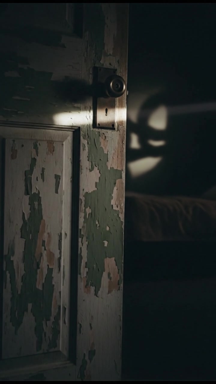 A close-up of a door slightly ajar, revealing shadows inside the dim bedroom.