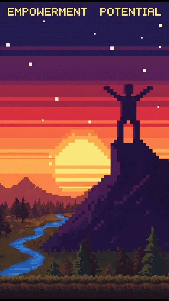 A silhouette of a figure standing proudly on a hilltop, with a sunset in the background, symbolizing empowerment and potential.