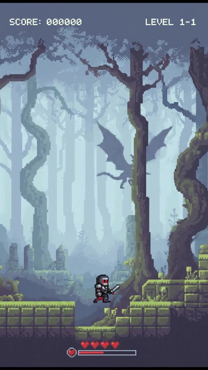 A dense forest with towering trees and twisted branches, shrouded in mist.