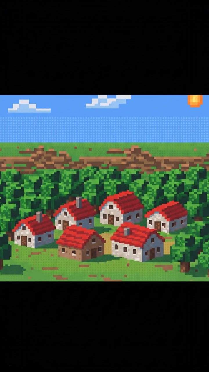 A peaceful small village surrounded by trees and hills, with a clear blue sky overhead.