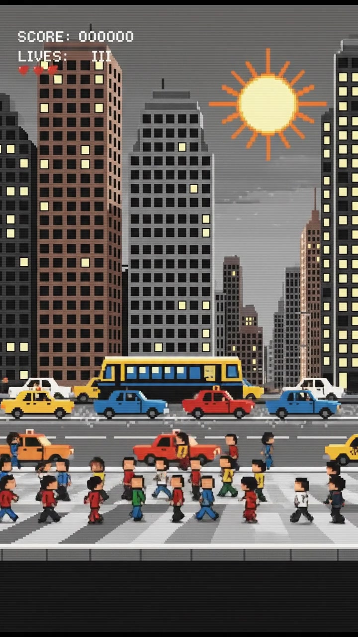 A busy city street filled with people and cars, skyscrapers in the background.