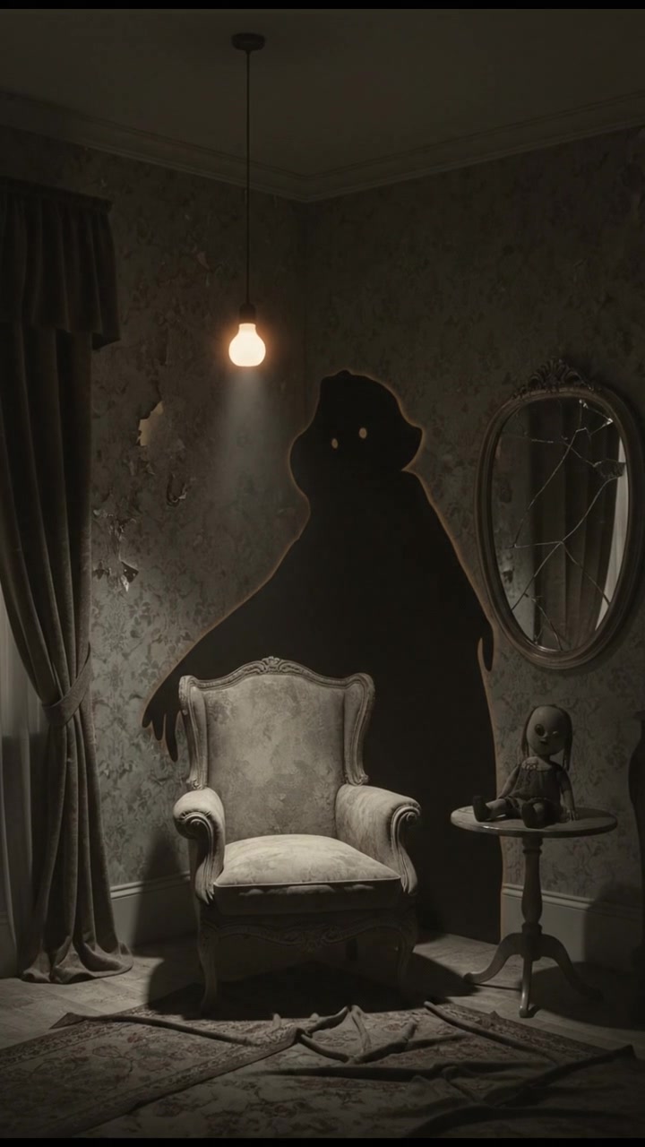 A dimly lit room with a shadowy corner, suggesting something unseen is there.