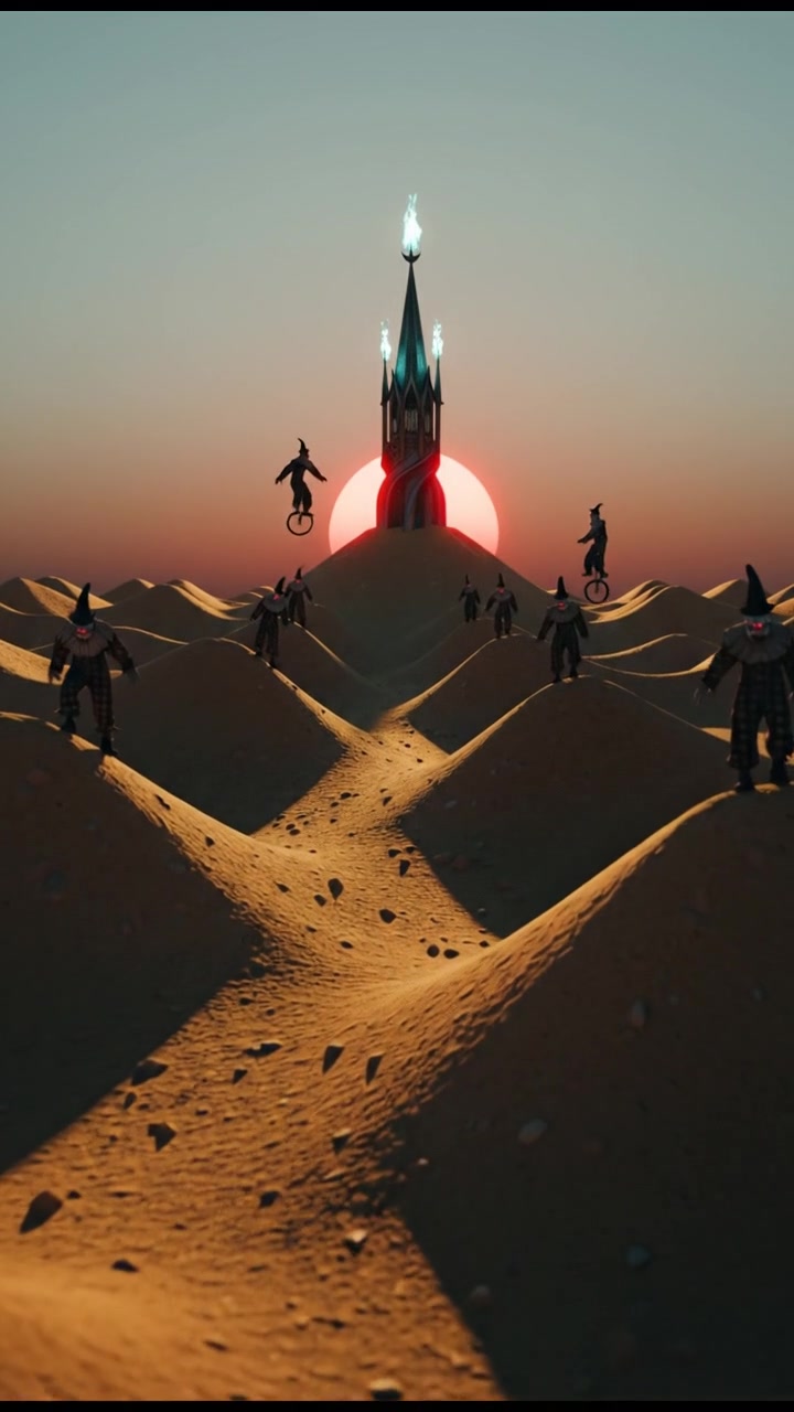 A vast expanse of golden sand dunes under a clear blue sky, with the sun setting in the background.