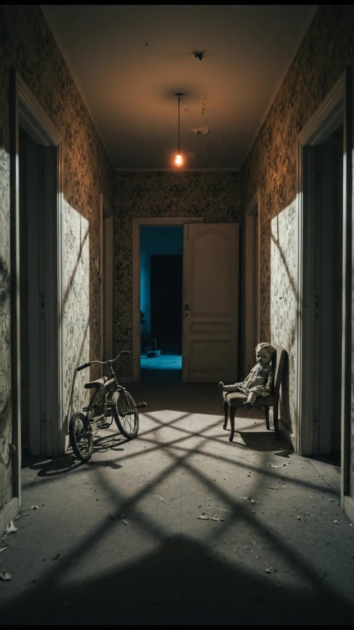 An empty hallway with dim lighting and faded wallpaper, leading to a silent room.