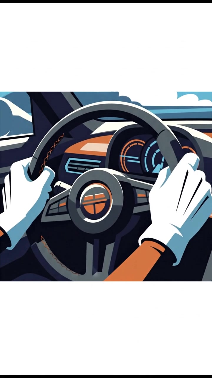 A close-up of a steering wheel in a car, with hands gripping it tightly.