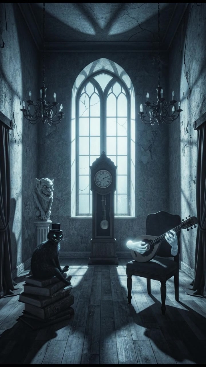 A dark room with only moonlight filtering through a window, casting shadows on the walls.