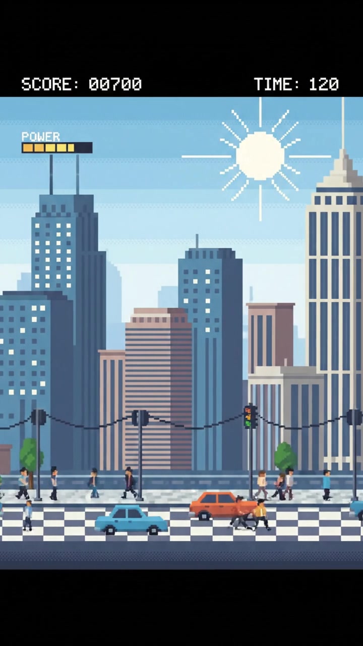 A bustling city street during the day, with people walking, cars driving, and tall buildings in the background.