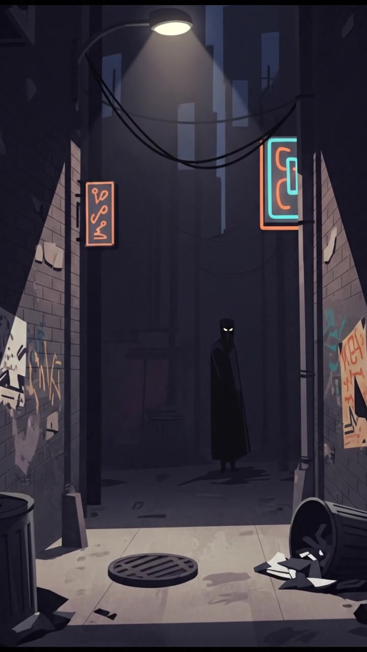 A dark alleyway with shadows creeping along the walls.