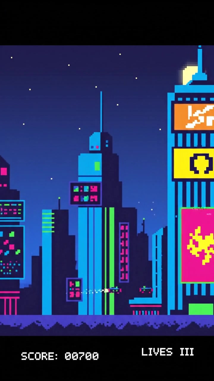 A futuristic city skyline with towering buildings and digital billboards.