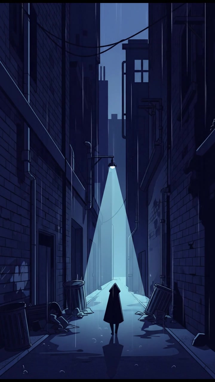 A dark alleyway with a single faint light illuminating the end, creating a sense of mystery.