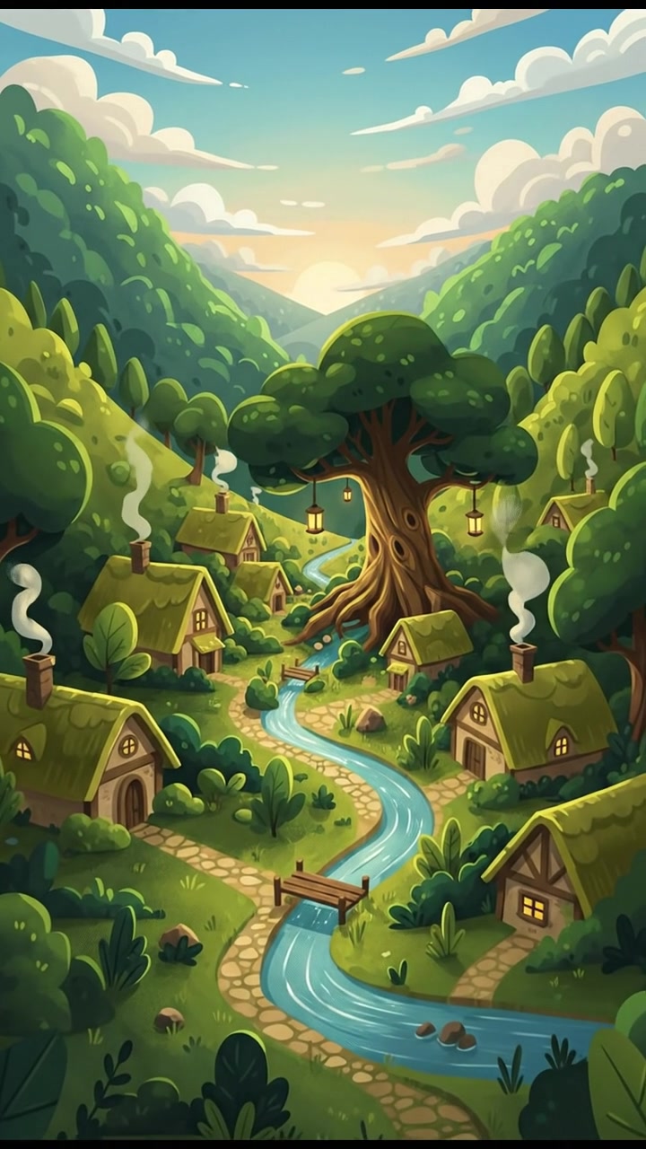 A tranquil village surrounded by lush green hills, with cottages nestled among trees.