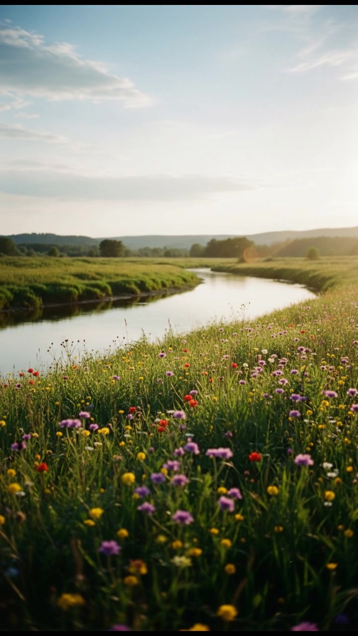 جمال النهر والزهور
