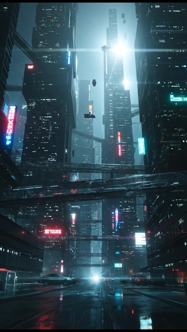 A futuristic cityscape at night, illuminated by neon lights, with flying cars in the sky.