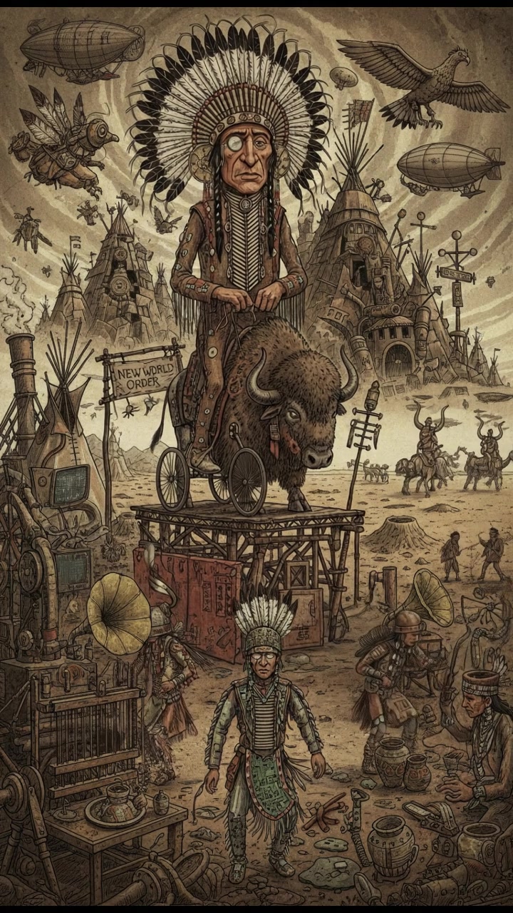 Different Native American tribal members in traditional attire performing various cultural activities.