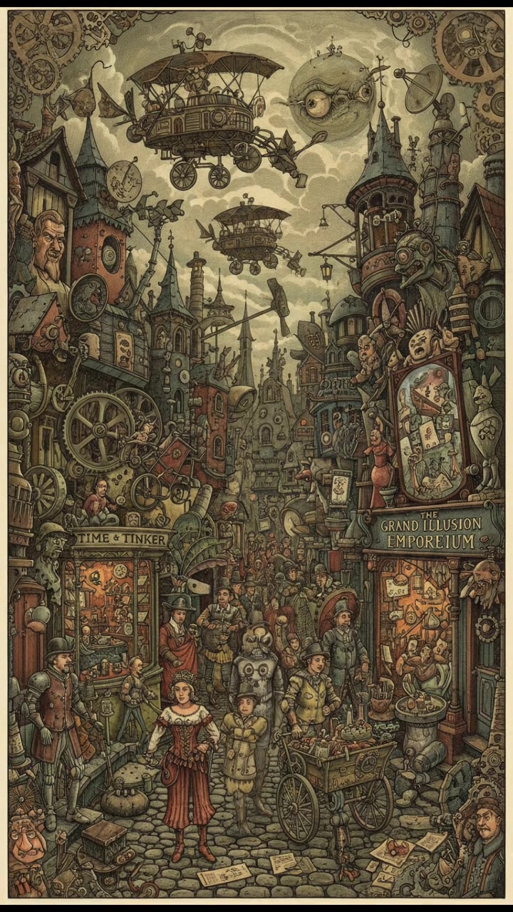 A busy city street with people walking, storefronts on either side.