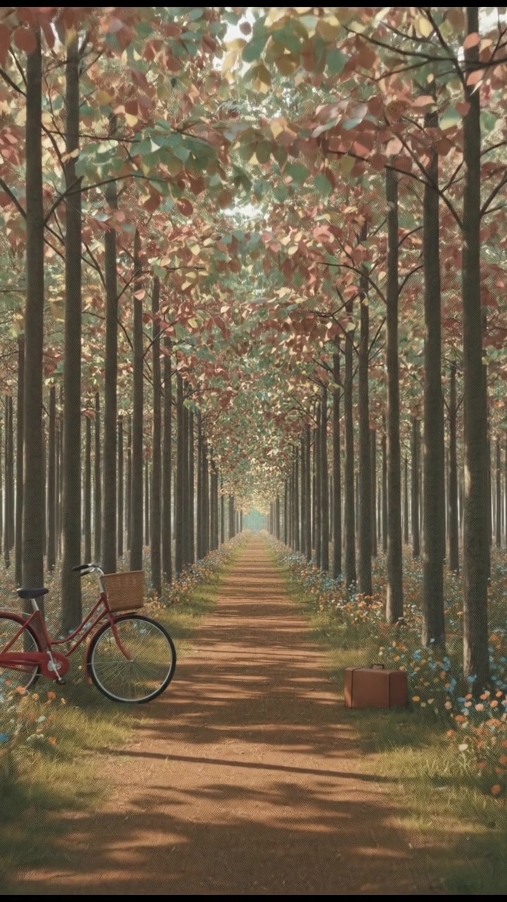 A narrow path through a quiet forest, with sunlight filtering through the leaves.