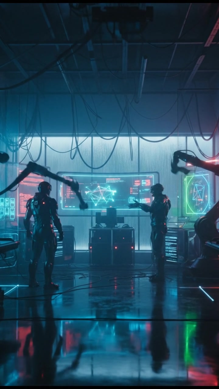 A futuristic laboratory filled with various sleek AI tools, screens illuminating the room.