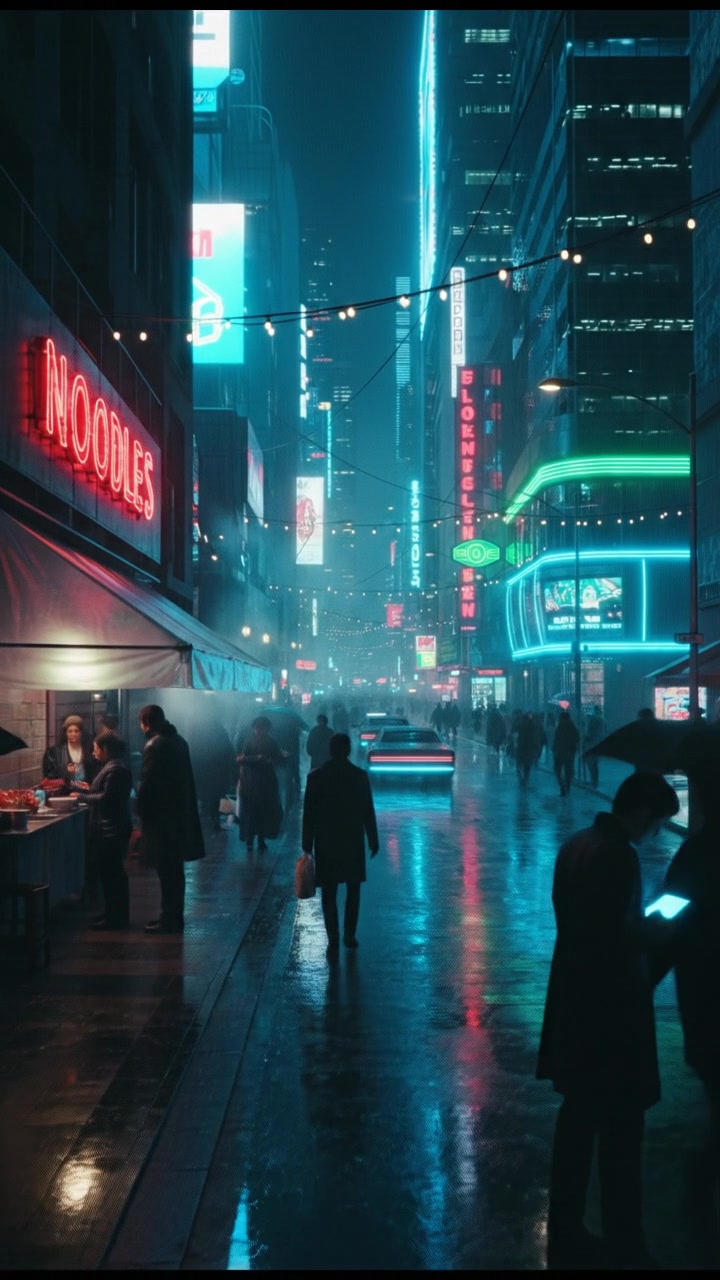 A bustling urban street filled with people interacting in various ways, shops lining the avenue.