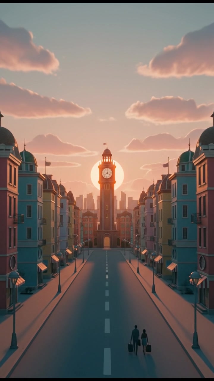 A city skyline seen at sunset, symbolizing new beginnings and distance.