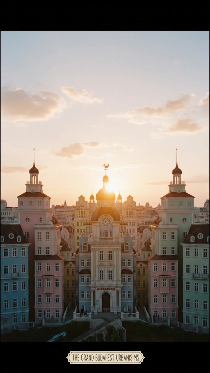 A picturesque city skyline at sunrise with vibrant buildings and clear sky.