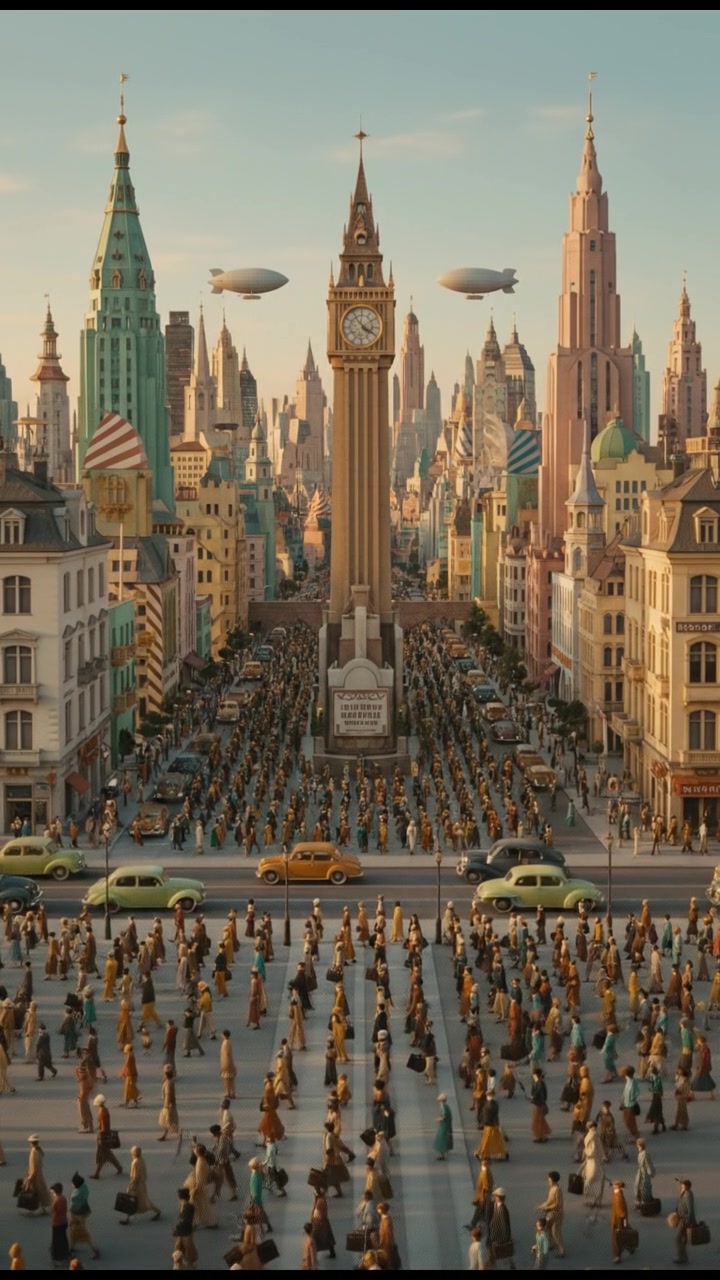 A bustling city skyline with towering skyscrapers and busy streets populated with hurried pedestrians.