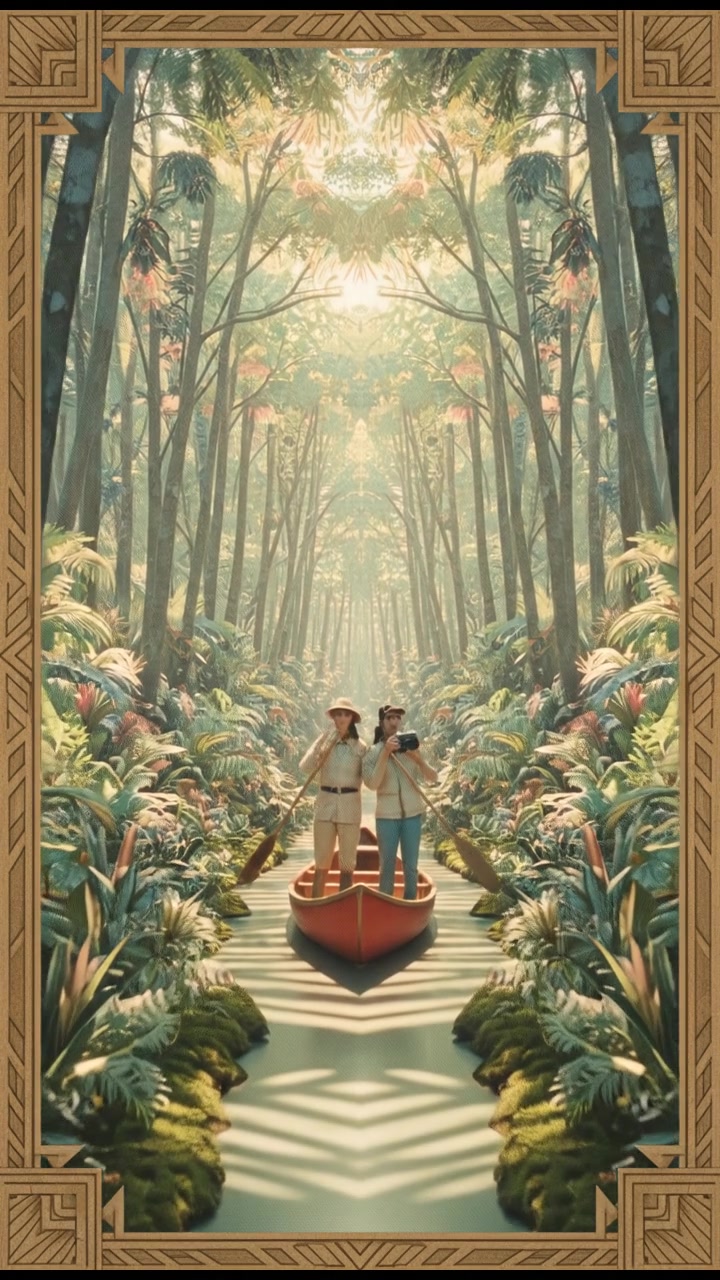 A dense jungle with lush green trees and thick foliage, sunlight filtering through the leaves, creating a serene atmosphere.