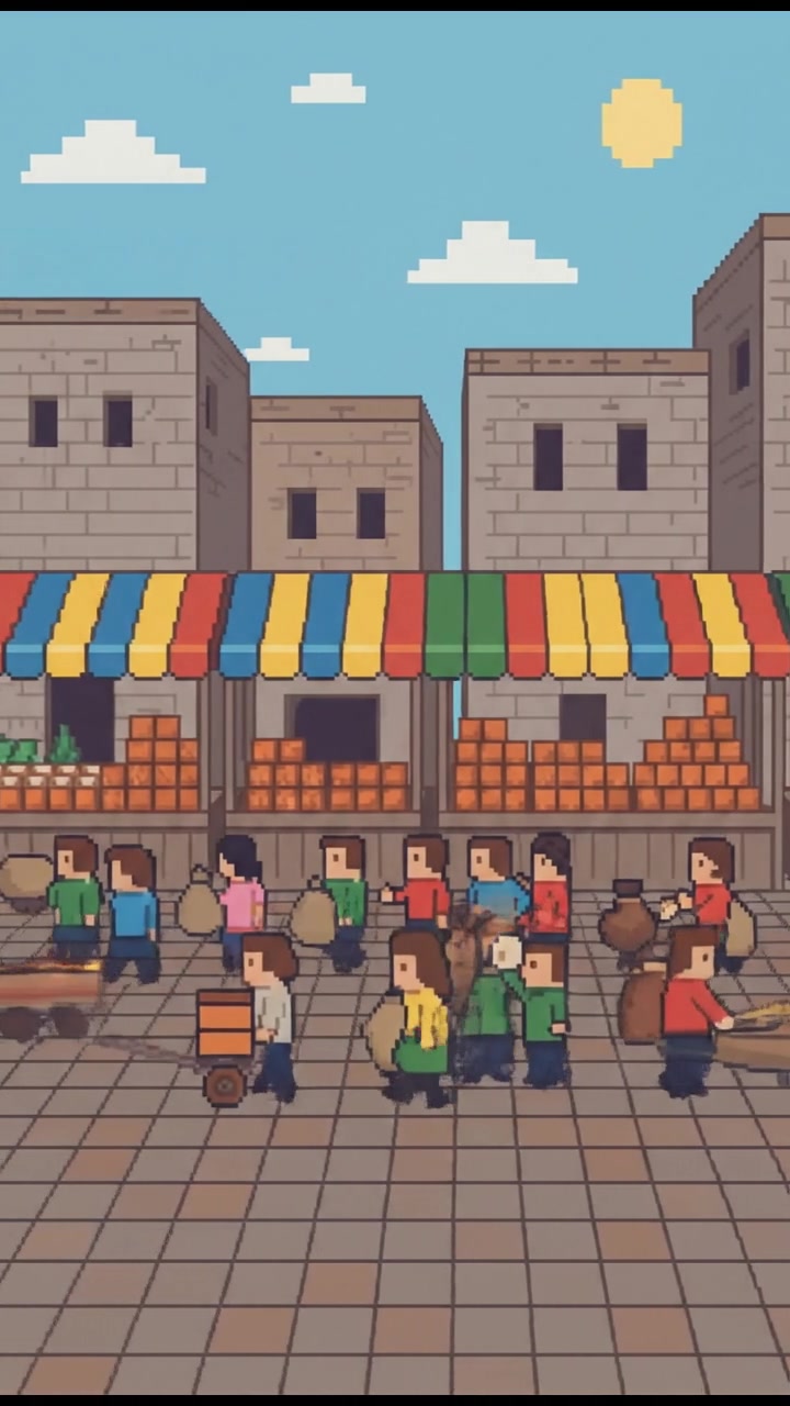 A bustling marketplace with people interacting, surrounded by colorful vendors' stalls.