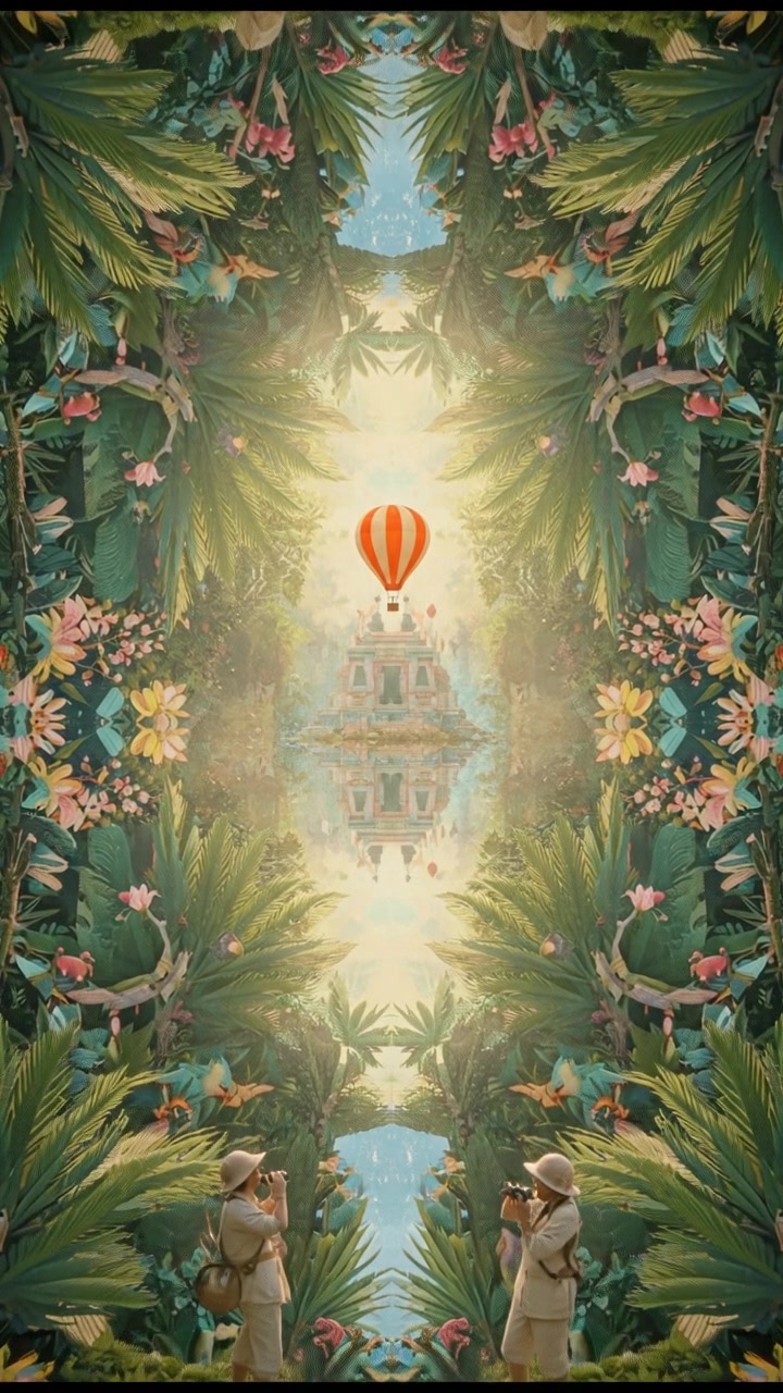 A lush green jungle with sun filtering through the trees, conveying a peaceful atmosphere.