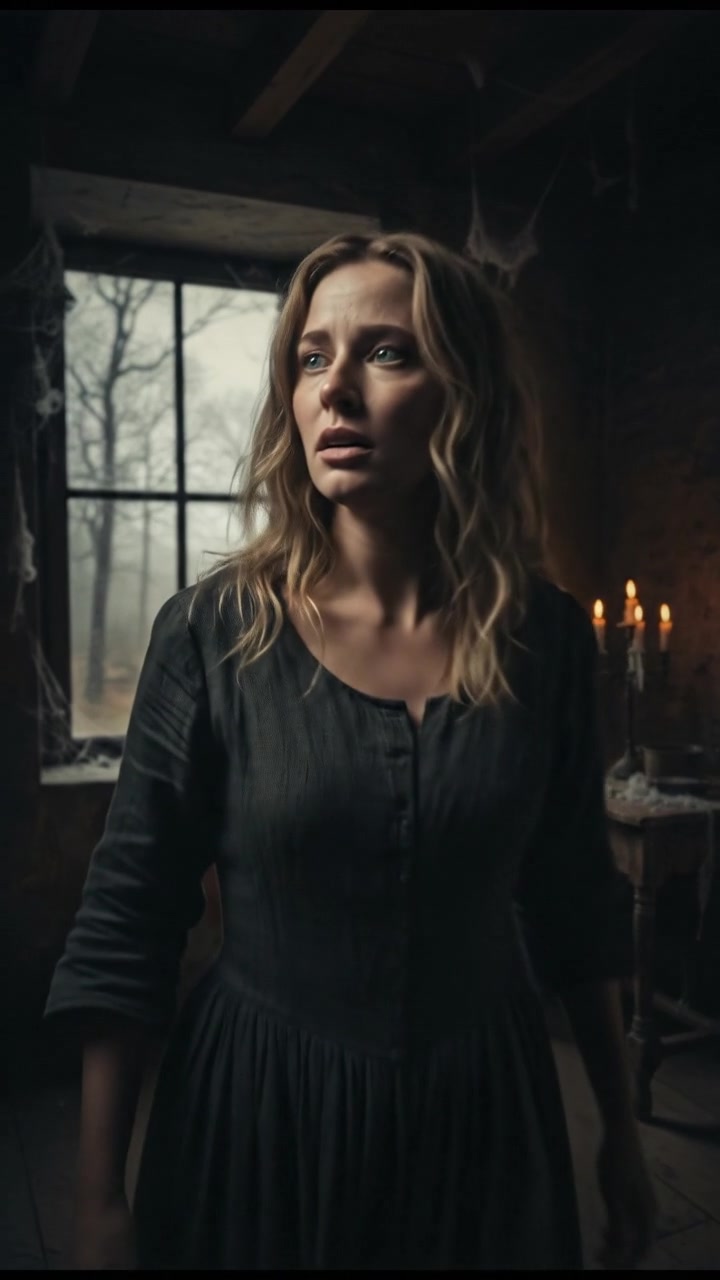 Anna glances away from the window, her face filled with trepidation.